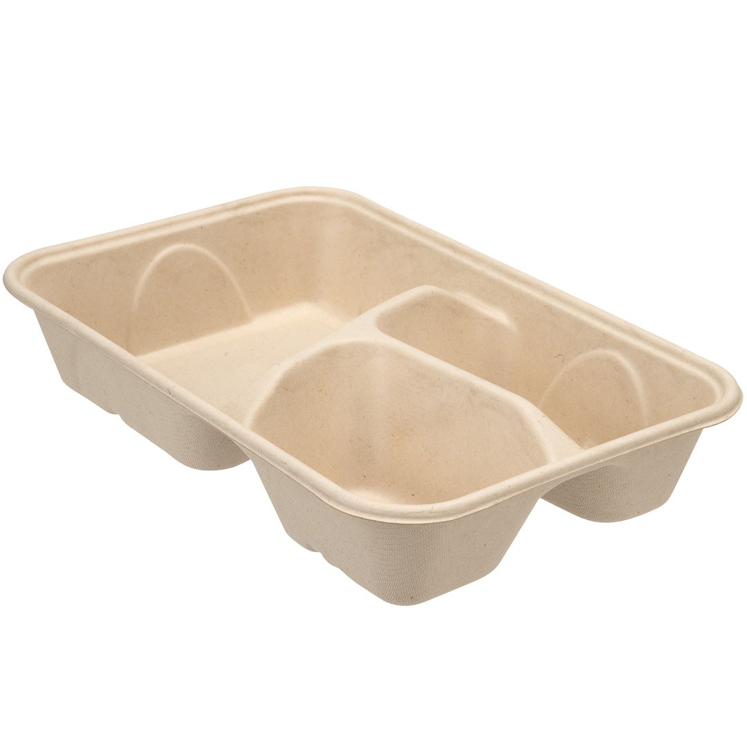 Trays, 3 Compartment Take-Out, 30 Ounce, Sugarcane Bagasse, Natural, Rectangle,1 - 100 COUNT