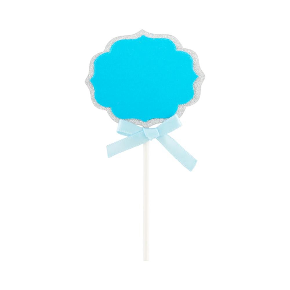 Cake Toppers, DIY Personalized, 4.5 x 2.5 Inch, Paper, Blue, with Silver Glitter Rim & Light Blue Bow,1 - 10 COUNT