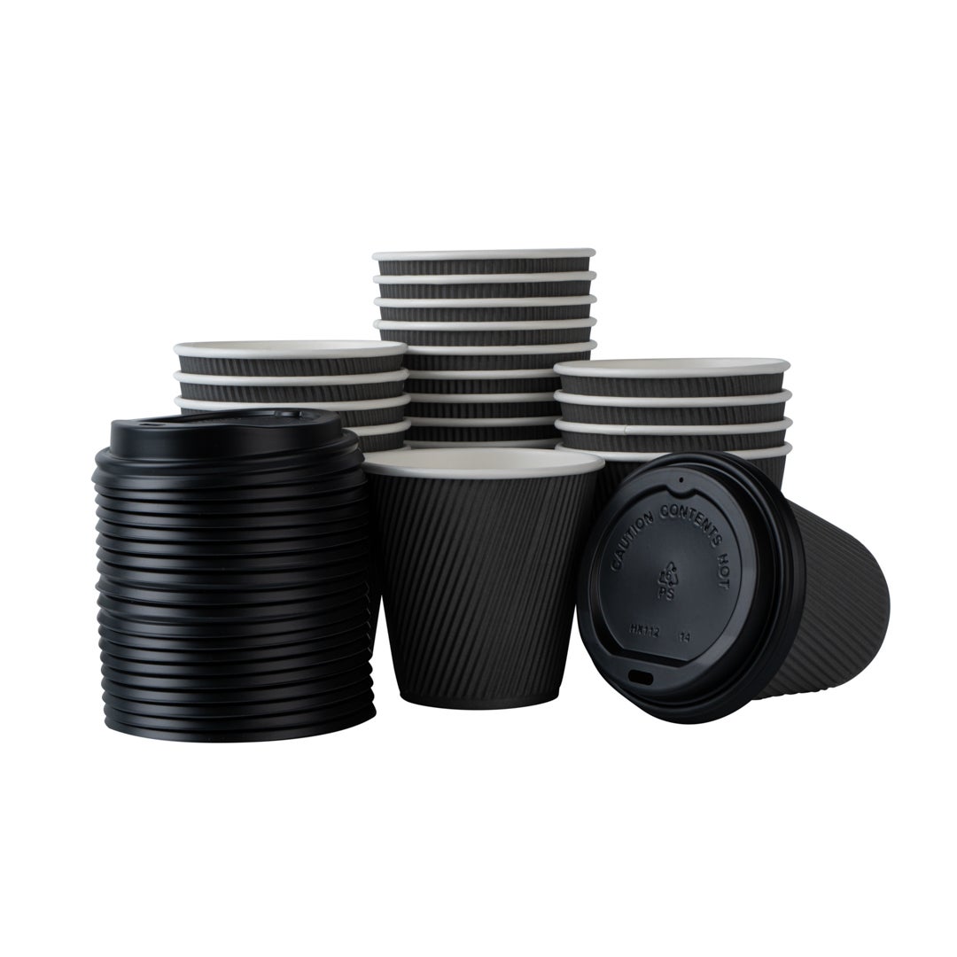 Cups, Hot, 8 Ounce, Paper, Gray, Ripple Wall, with Black Lid,1 - 20 COUNT