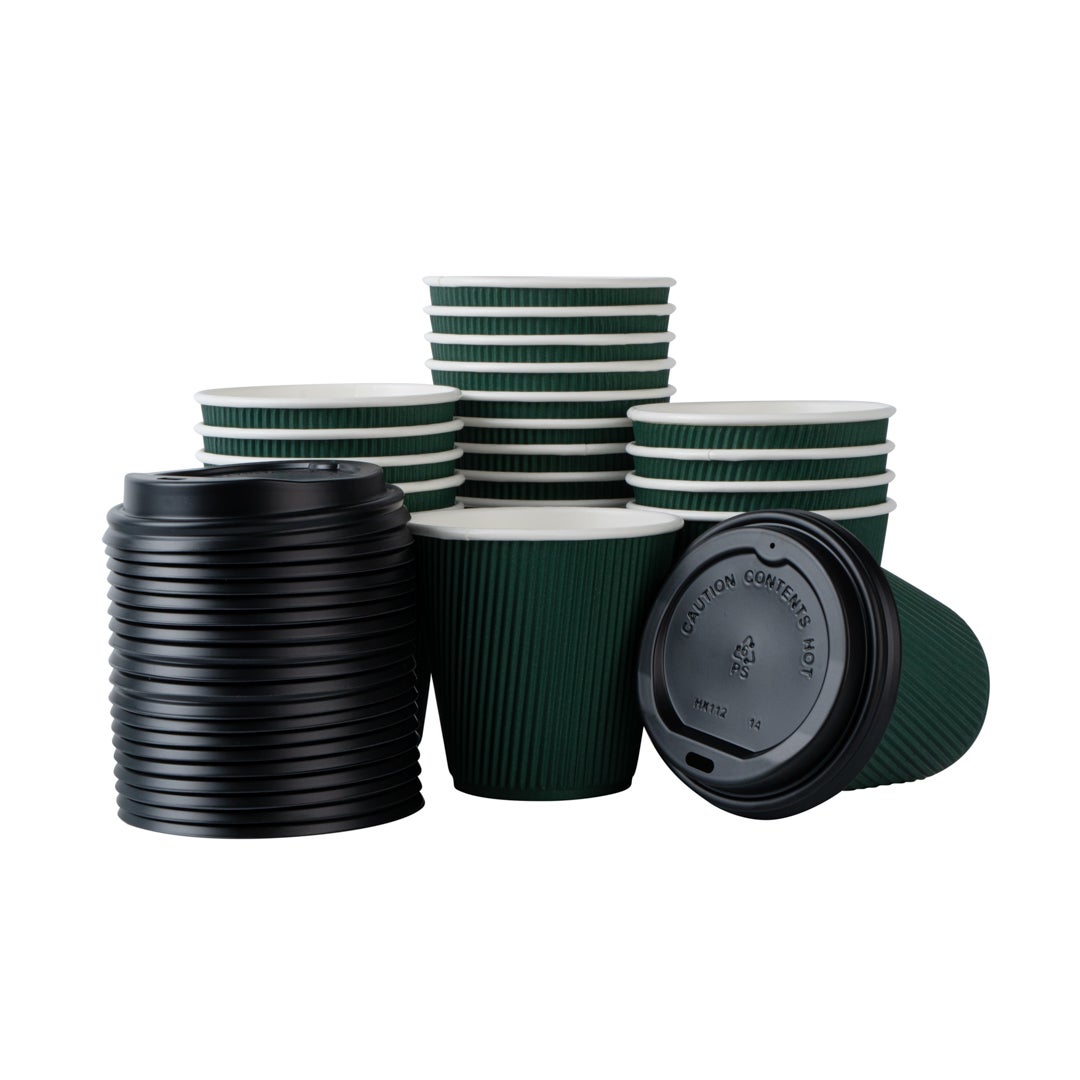 Cups, Hot, 8 Ounce, Paper, Forest Green, Ripple Wall, with Black Lid,1 - 400 COUNT