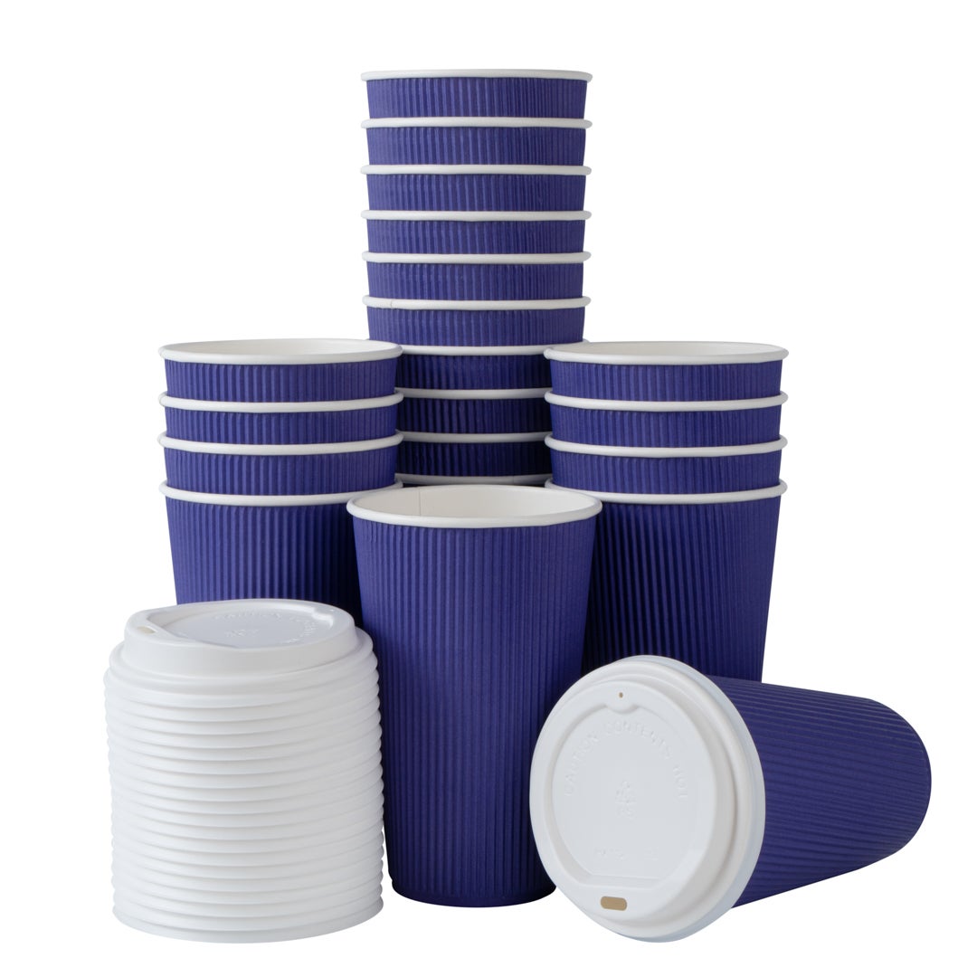 Cups, Hot, 16 Ounce, Paper, Royal Purple, Ripple Wall, with White Lid,1 - 20 COUNT