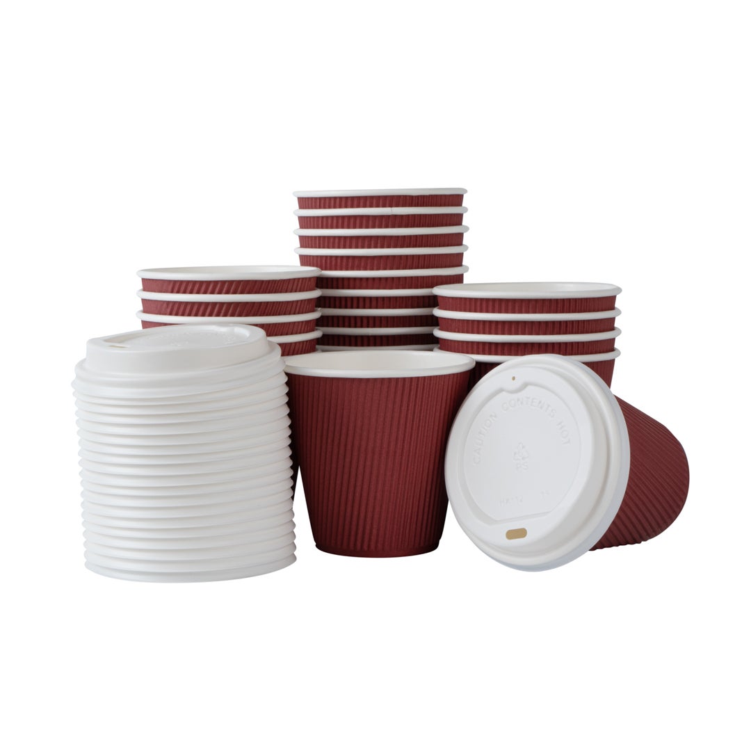 Cups, Hot, 8 Ounce, Paper, Crimson, Ripple Wall, with White Lid,1 - 400 COUNT