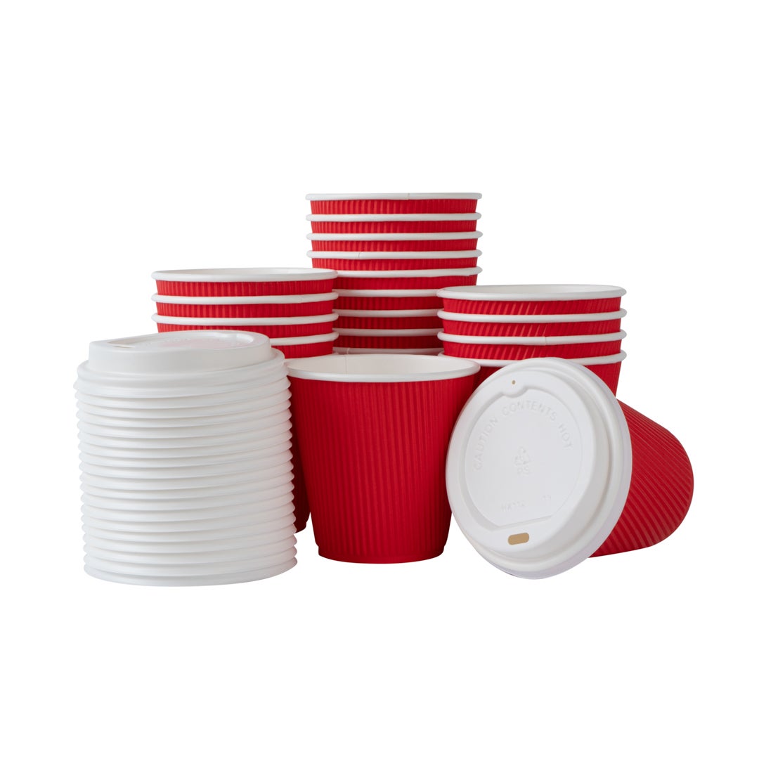 Cups, Hot, 8 Ounce, Paper, Red, Ripple Wall, with White Lid,1 - 20 COUNT