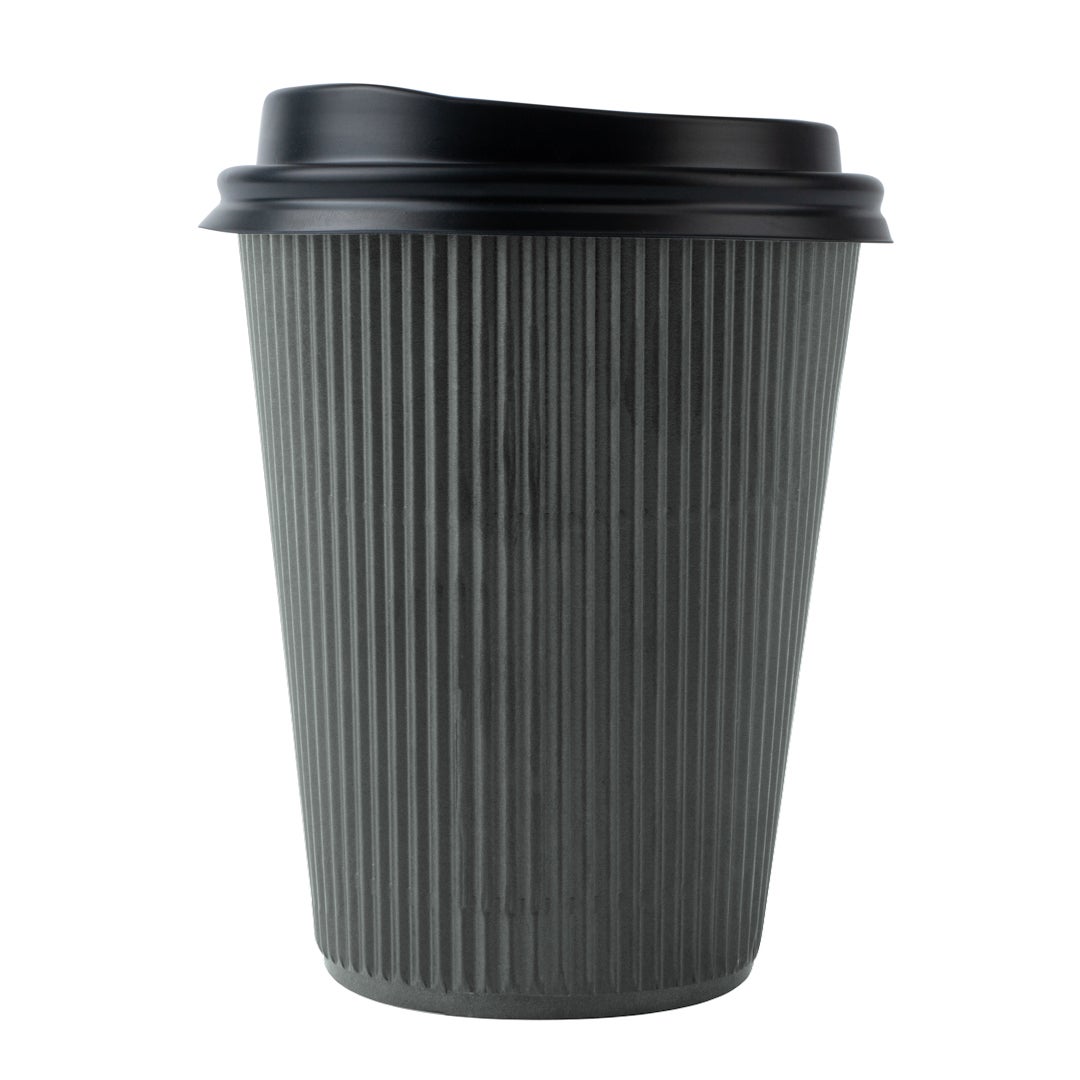 Cups, Hot, 12 Ounce, Paper, Gray, Ripple Wall, with Black Lid,1 - 20 COUNT