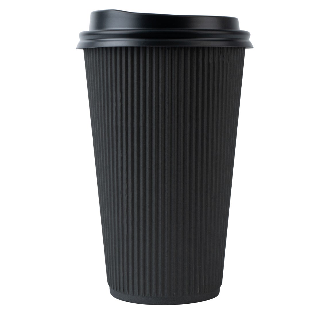Cups, Hot, 16 Ounce, Paper, Black, Ripple Wall, with Black Lid,1 - 20 COUNT