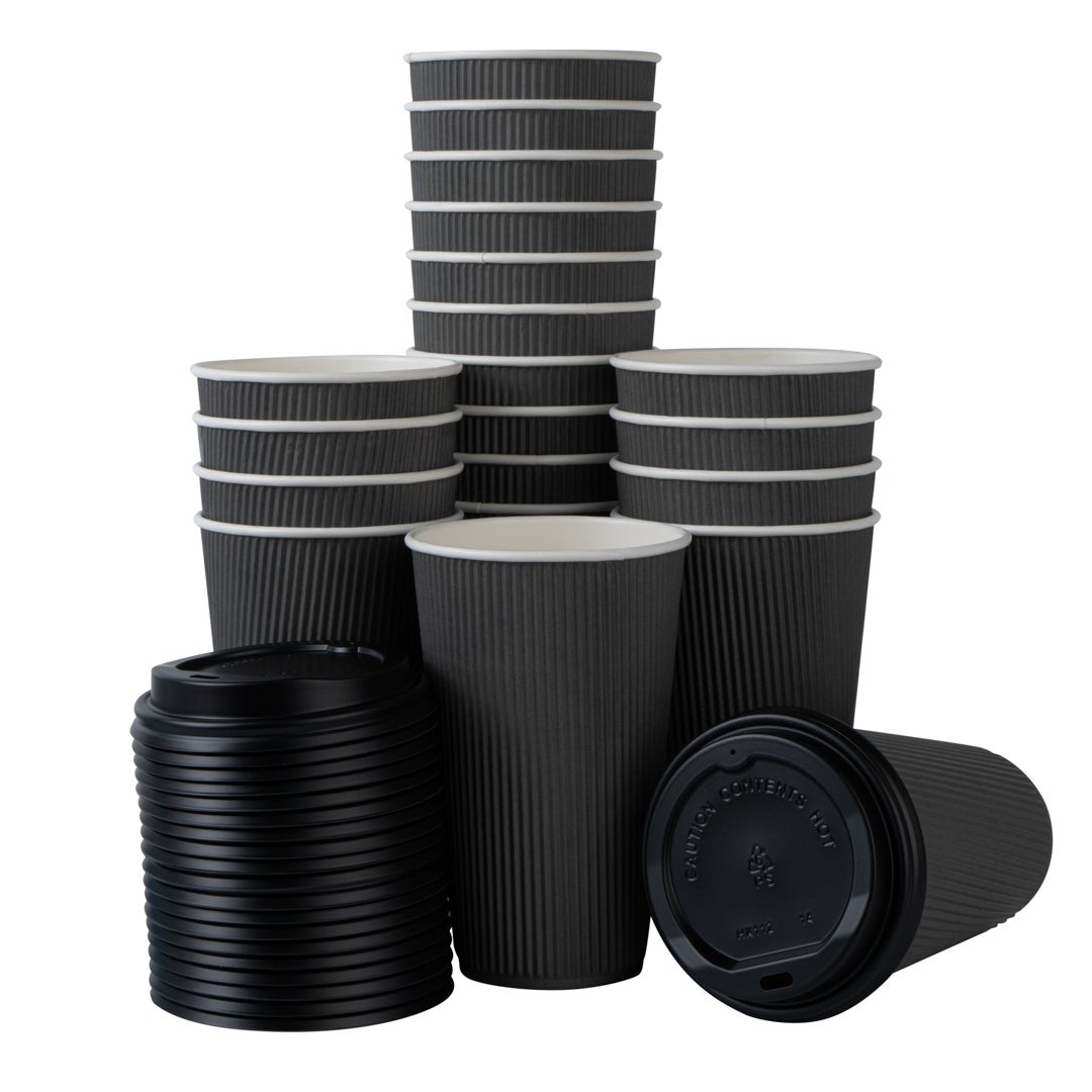 Cups, Hot, 16 Ounce, Paper, Gray, Ripple Wall, with Black Lid,1 - 200 COUNT