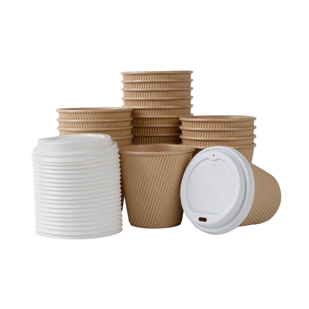 Cups, Hot, 8 Ounce, Paper, Kraft, Ripple Wall, with White Lid,1 - 400 COUNT