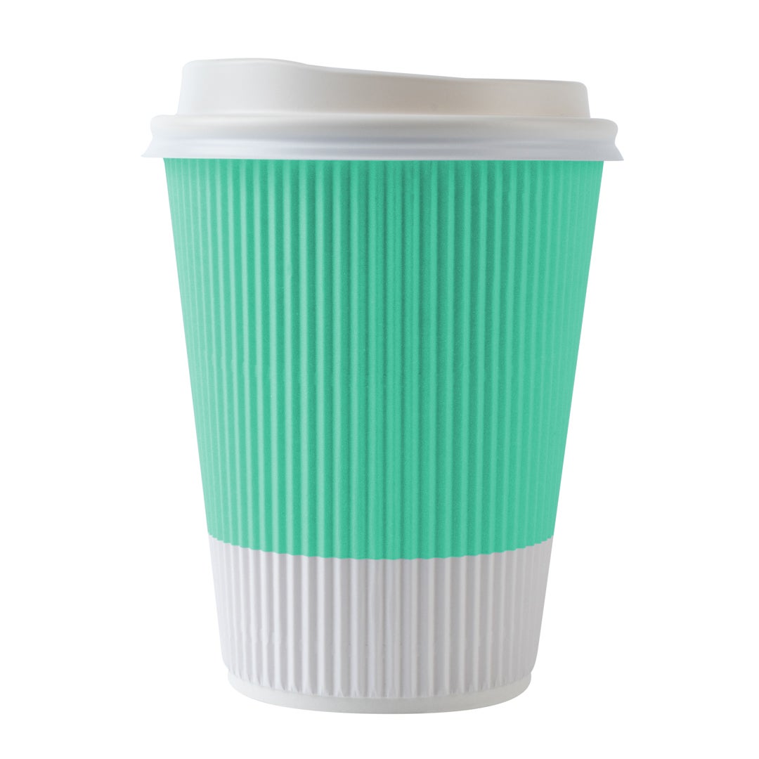 Cups, Hot, 12 Ounce, Paper, Light Green, Ripple Wall, with White Lid,1 - 200 COUNT