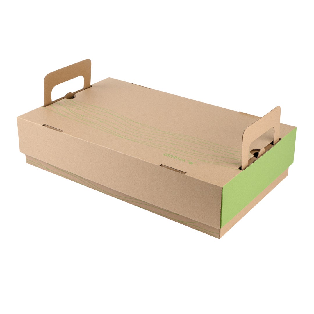 Trays, Cater, 20 x 11.8 Inch, Paper, Kraft & Green, with Lid & Handles,1 - 10 COUNT