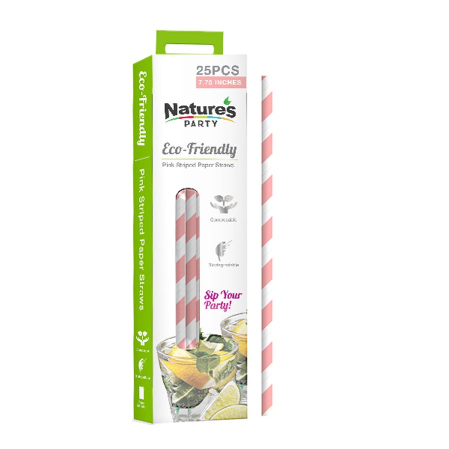 Straws, 8.30 Inch, Paper, Pink Striped,24 - 25 COUNT