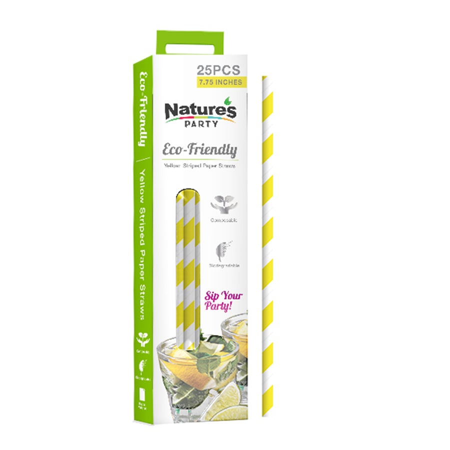 Straws, 7.75 Inch, Paper, Yellow Striped,12 - 25 COUNT
