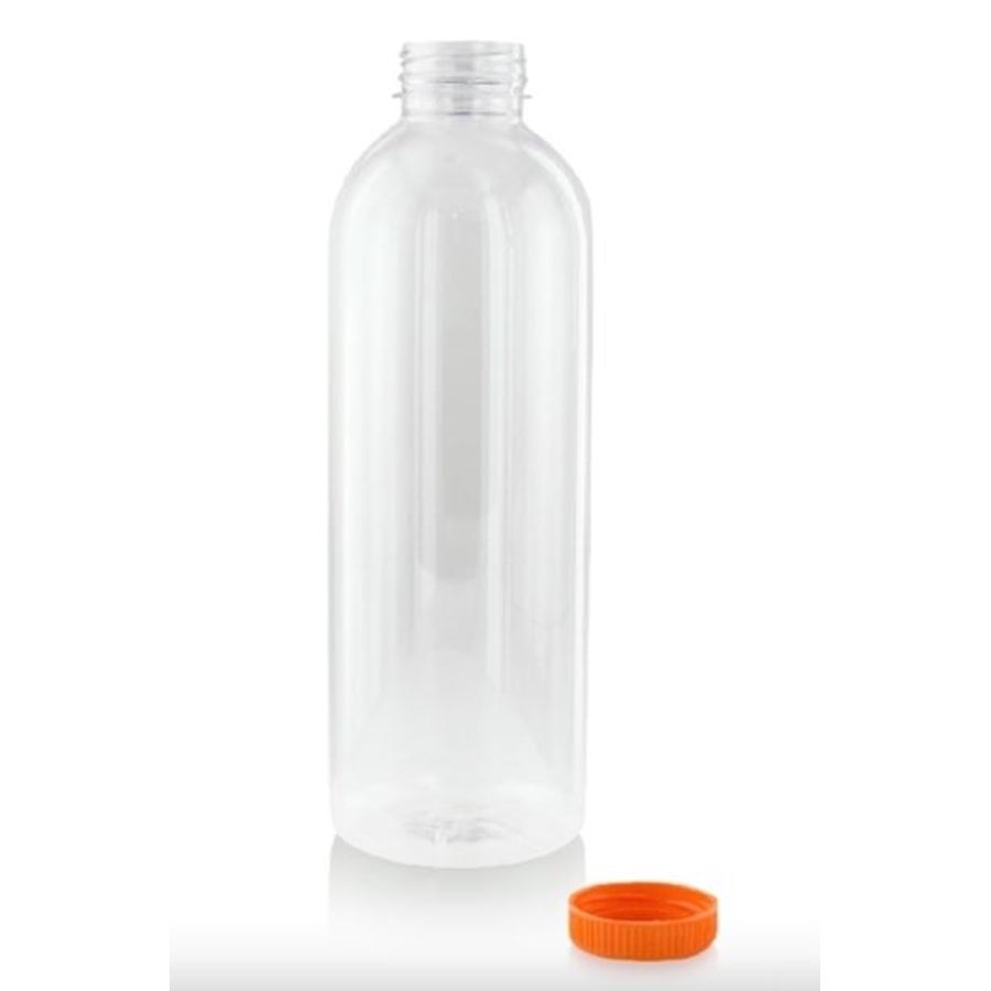 Bottles, 34 Ounce, Plastic, Clear, Round, PET, with Orange Lid,57 - 1 EACH