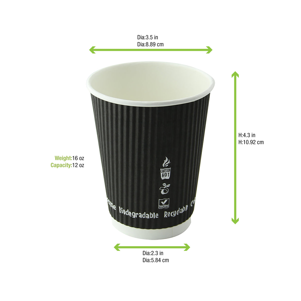 Cups, 12 Ounce, Black, Ripple Wall, 3.5 x 4.25 Inch, Compostable,20 - 25 COUNT