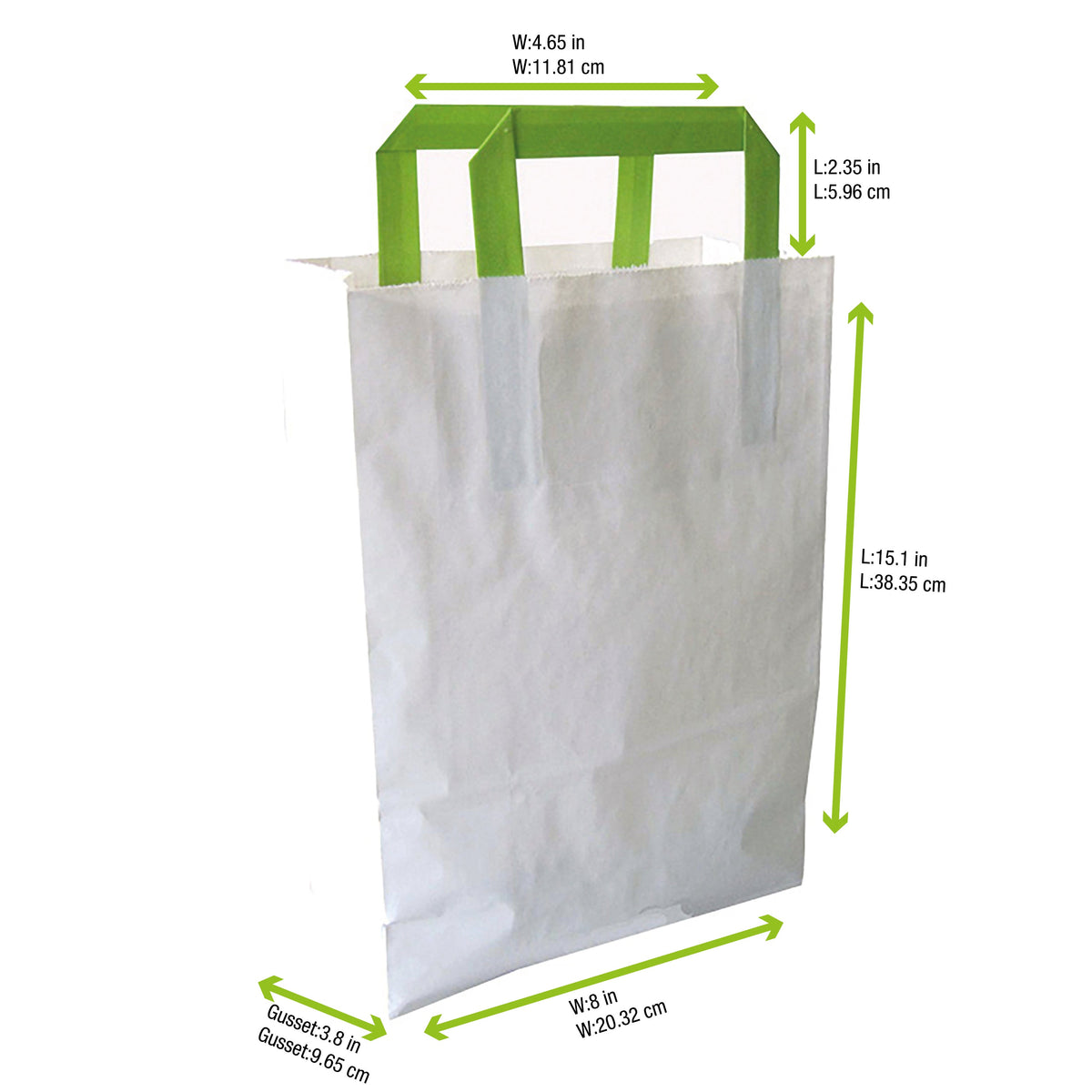 Bags, 11 x 4 x 7.9 Inch, Paper, White, with Green Handles,1 - 250 COUNT
