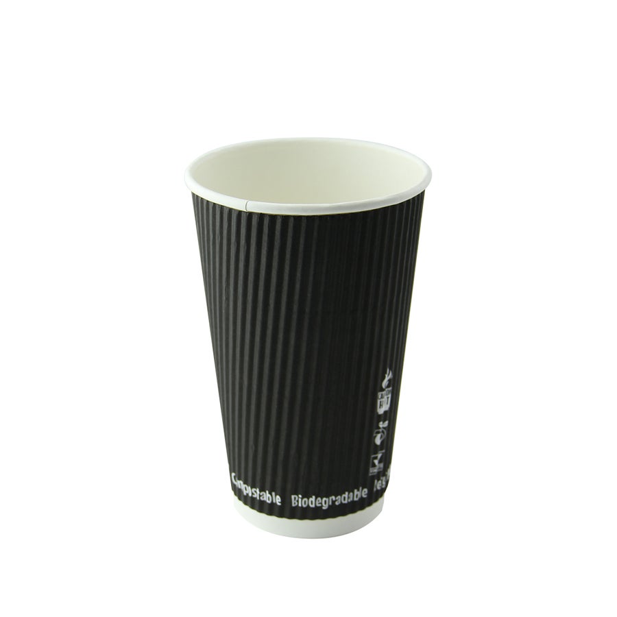 Cups, 20 Ounce, Black, Ripple Wall, 3.5 x 6.1 Inch, Compostable,20 - 25 COUNT