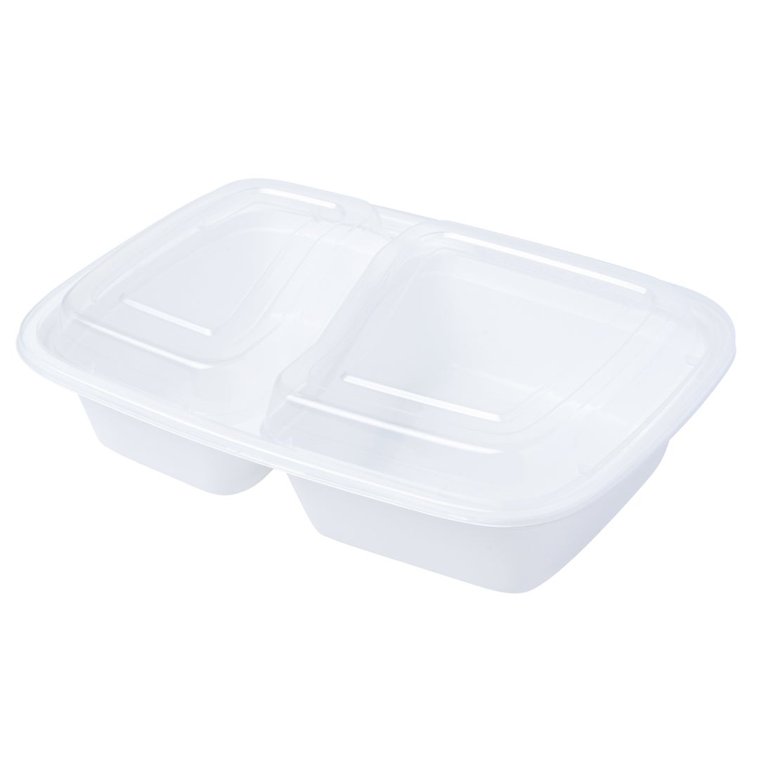 Containers, 2-Compartment, 32 Ounce, Microwavable Plastic, White, 8.75 x 6 x 2 Inch, with Clear Lid,1 - 100 COUNT
