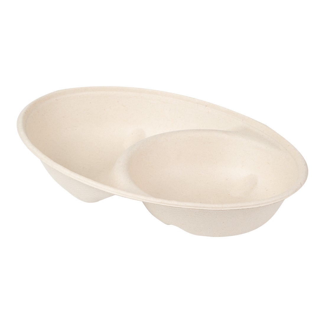 Bowls, 2-Compartment, 21 Ounce, Paper, Natural, Oval, 9.25 x 6.50 x 1.50 Inch, Sugarcane Bagasse,1 - 100 COUNT