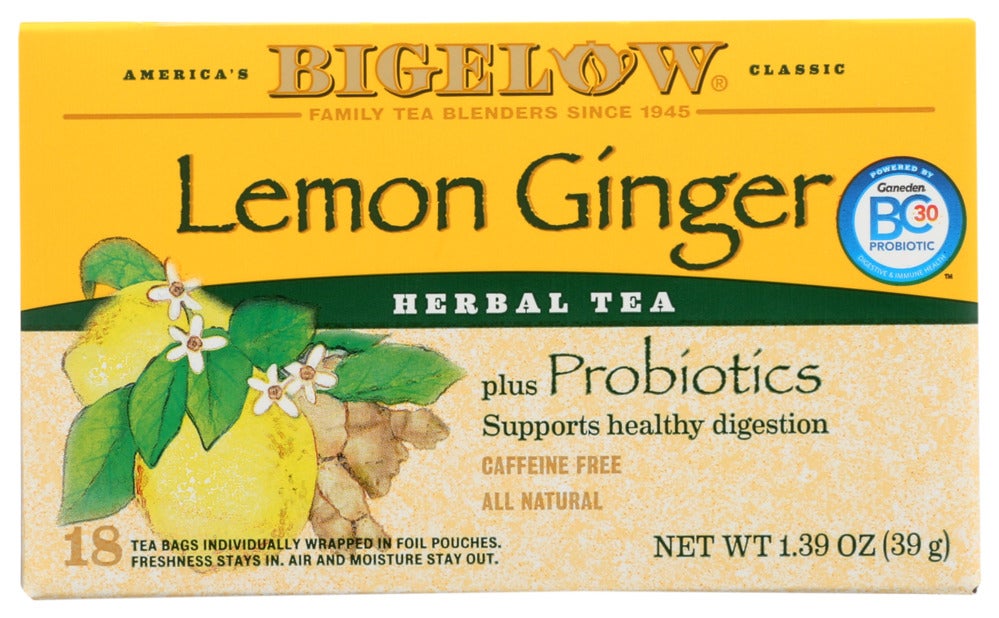 Tea, Herbal, Lemon Ginger, with Probiotics, Individually Wrapped with String,6 - 18 COUNT