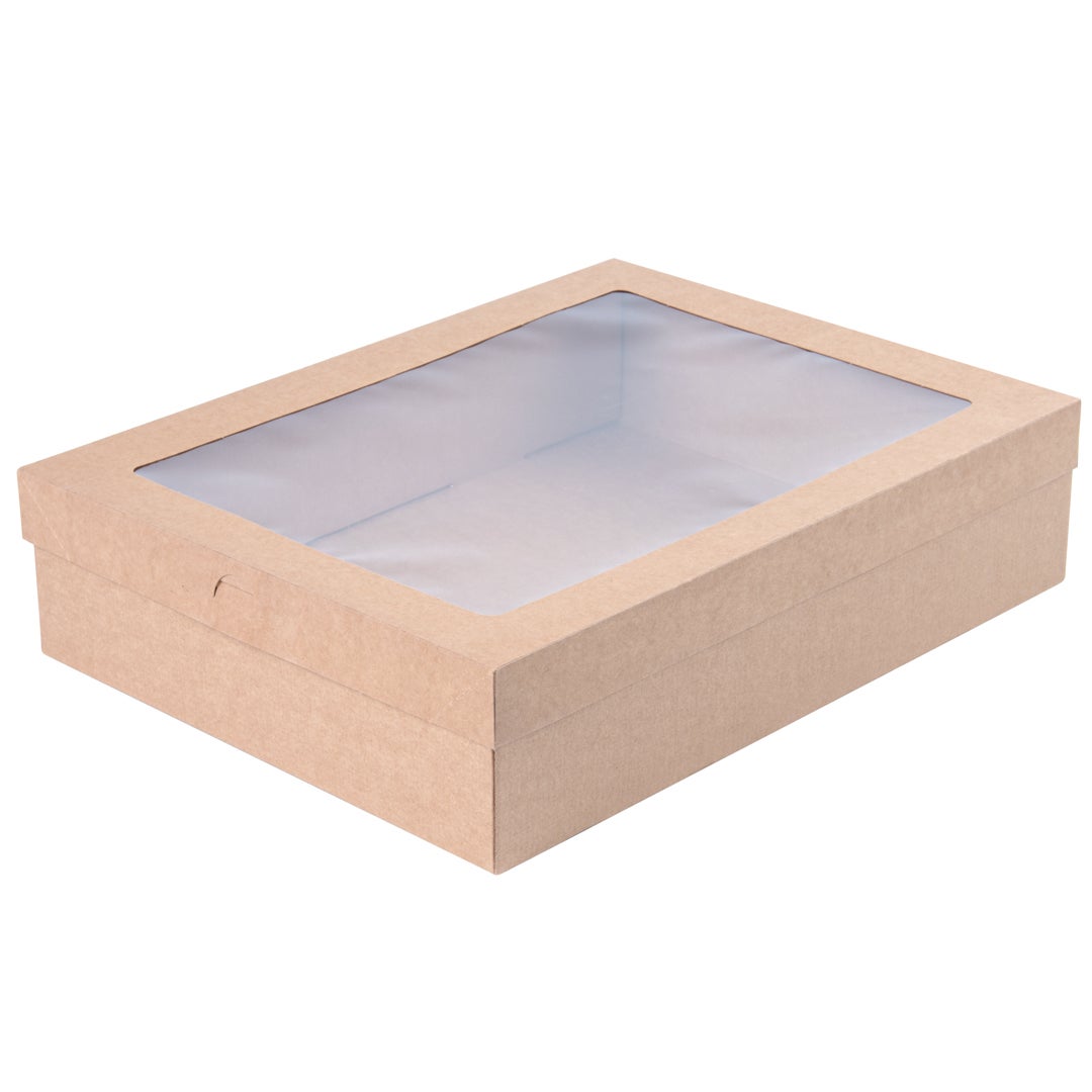 Boxes, Catering, 14.25 x 10 x 3.25 Inch, Paper, Kraft, Rectangular, with Window,1 - 100 COUNT