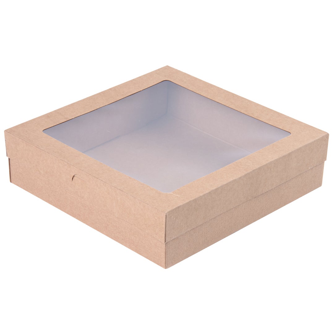 Boxes, Catering, 9 x 9 x 2.25 Inch, Paper, Kraft, Square, with Window,1 - 100 COUNT
