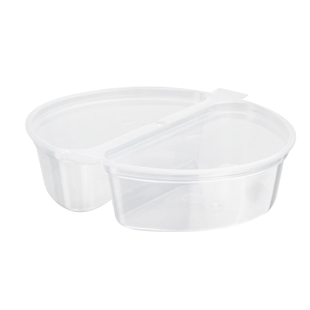 Containers, 2-Compartment, 6 Ounce, Microwavable Plastic, Clear, Round, 4 x 3.25 x 1 Inch, with Lid,1 - 100 COUNT