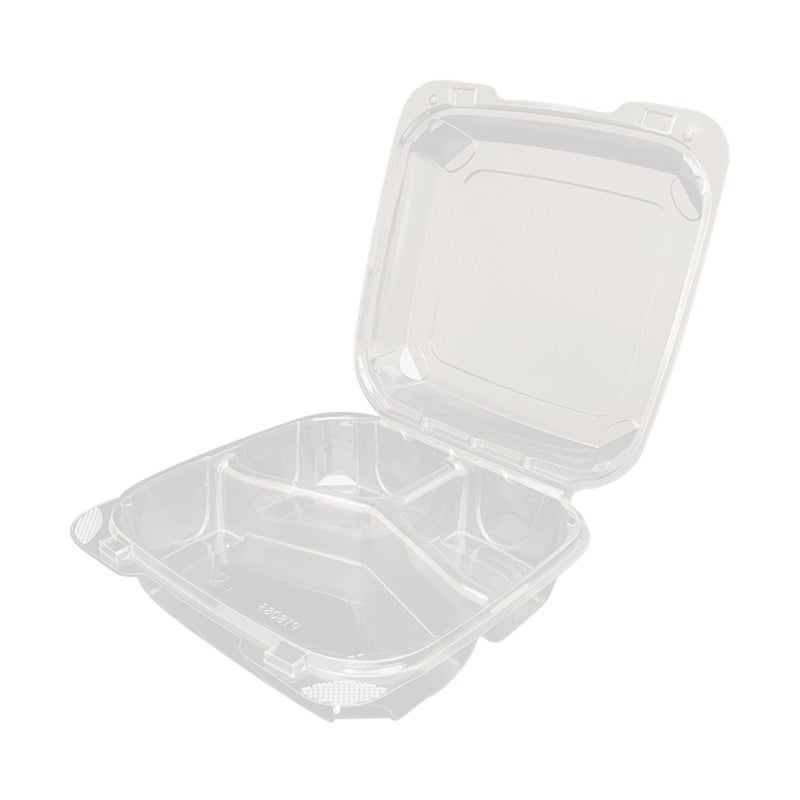 Containers, 3-Compartment, 34 Ounce, Plastic, Clear, 7.75 x 7.75 x 2.5 Inch, Clamshell, Anti-Fog,1 - 100 COUNT