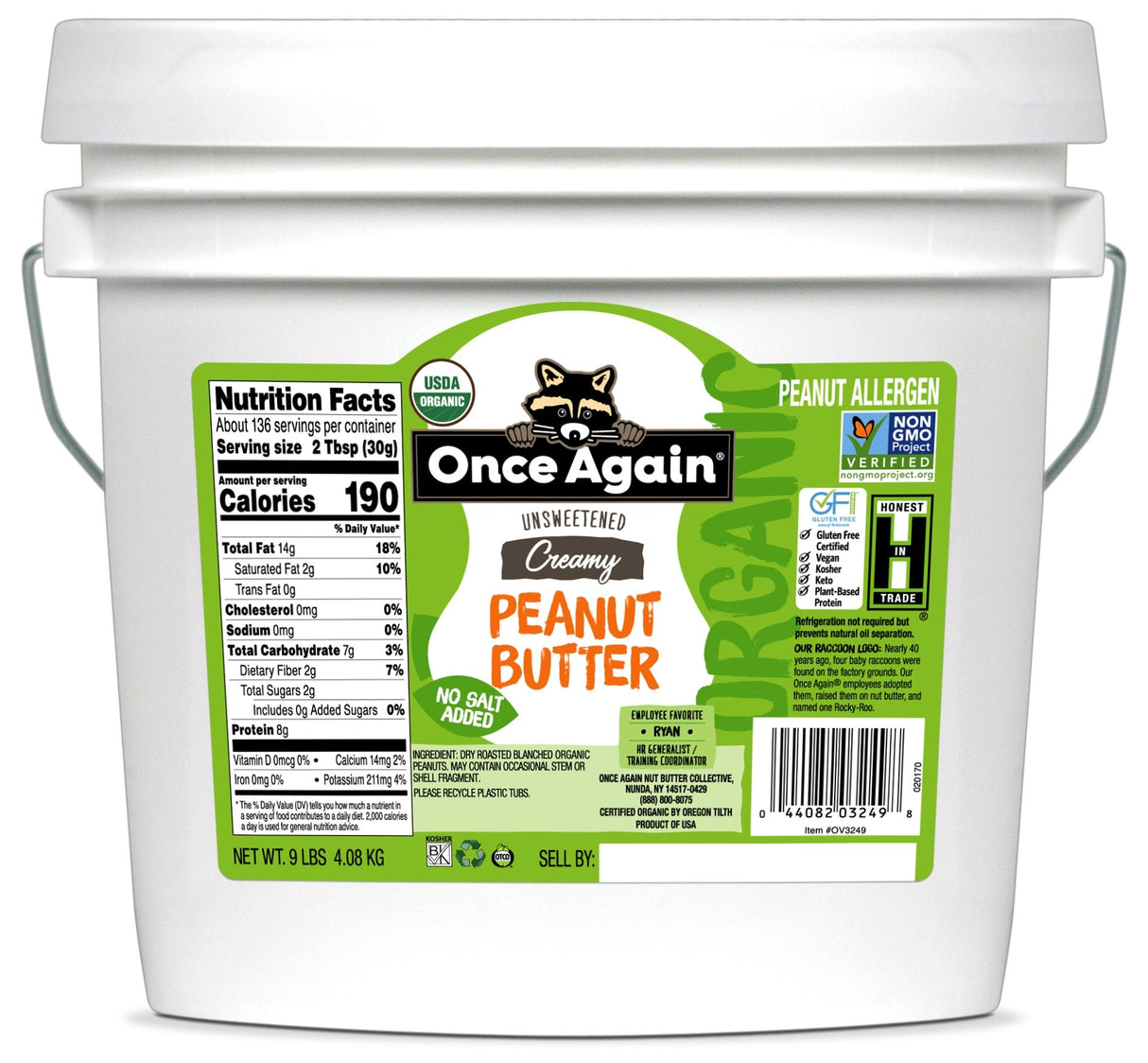 Peanut Butter, Creamy, No Salt Added,1 - 9 POUND