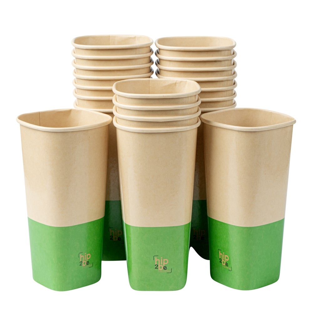 Cups, Hot & Cold, 22 Ounce, Paper, Kraft & Green, Single Wall, Square, 3.25 x 3.25 x 6.75 Inch,1 - 25 COUNT