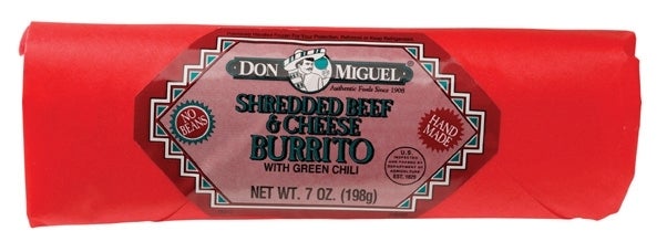 Burritos, Shredded Beef & Cheese, with Green Chiles, Frozen,12 - 7 OUNCE