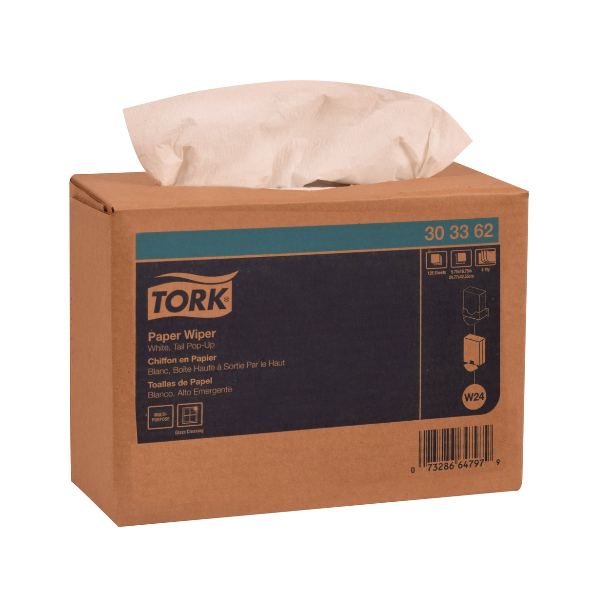 Wipers, Paper, 4-Ply, White, 9.75 x 16.75 Inch, Pop-Up Box,8 - 125 COUNT