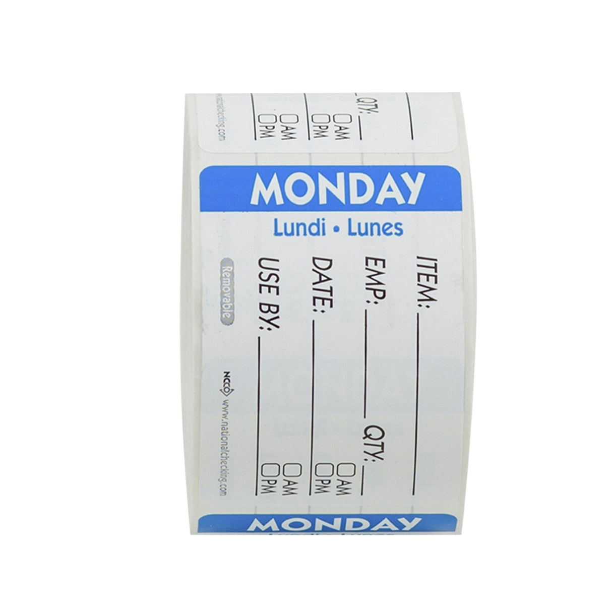 Labels, Monday, 2 x 3 Inch, Removeable, Blue & White, Trilingual, Rectangular,1 - 500 COUNT