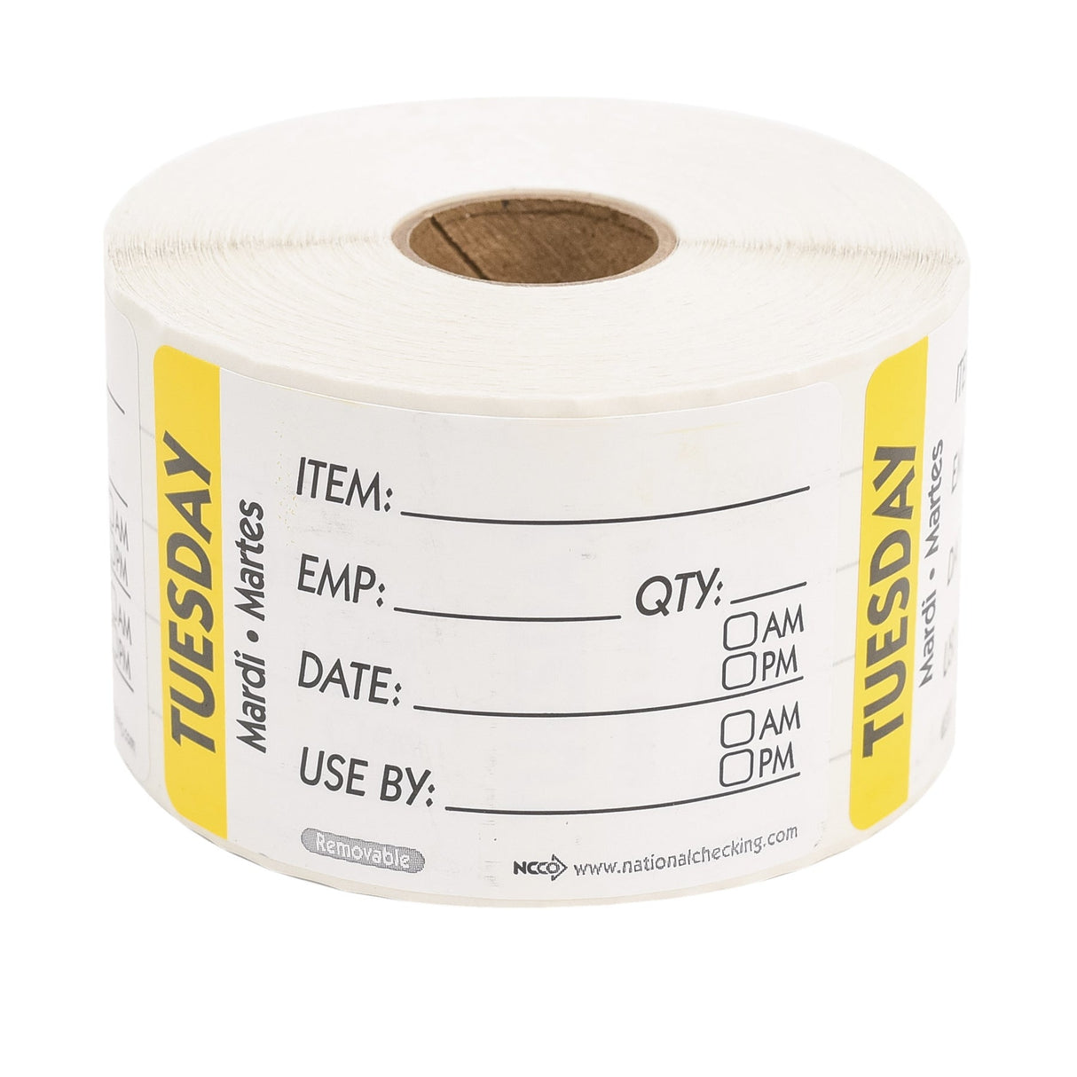 Labels, Tuesday Item/Date/Use By, 2 x 3 Inch, Removable, Yellow, Rectangular, Trilingual,1 - 500 COUNT