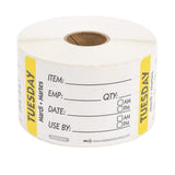 Labels, Tuesday Item/Date/Use By, 2 x 3 Inch, Removable, Yellow, Rectangular, Trilingual,1 - 500 COUNT