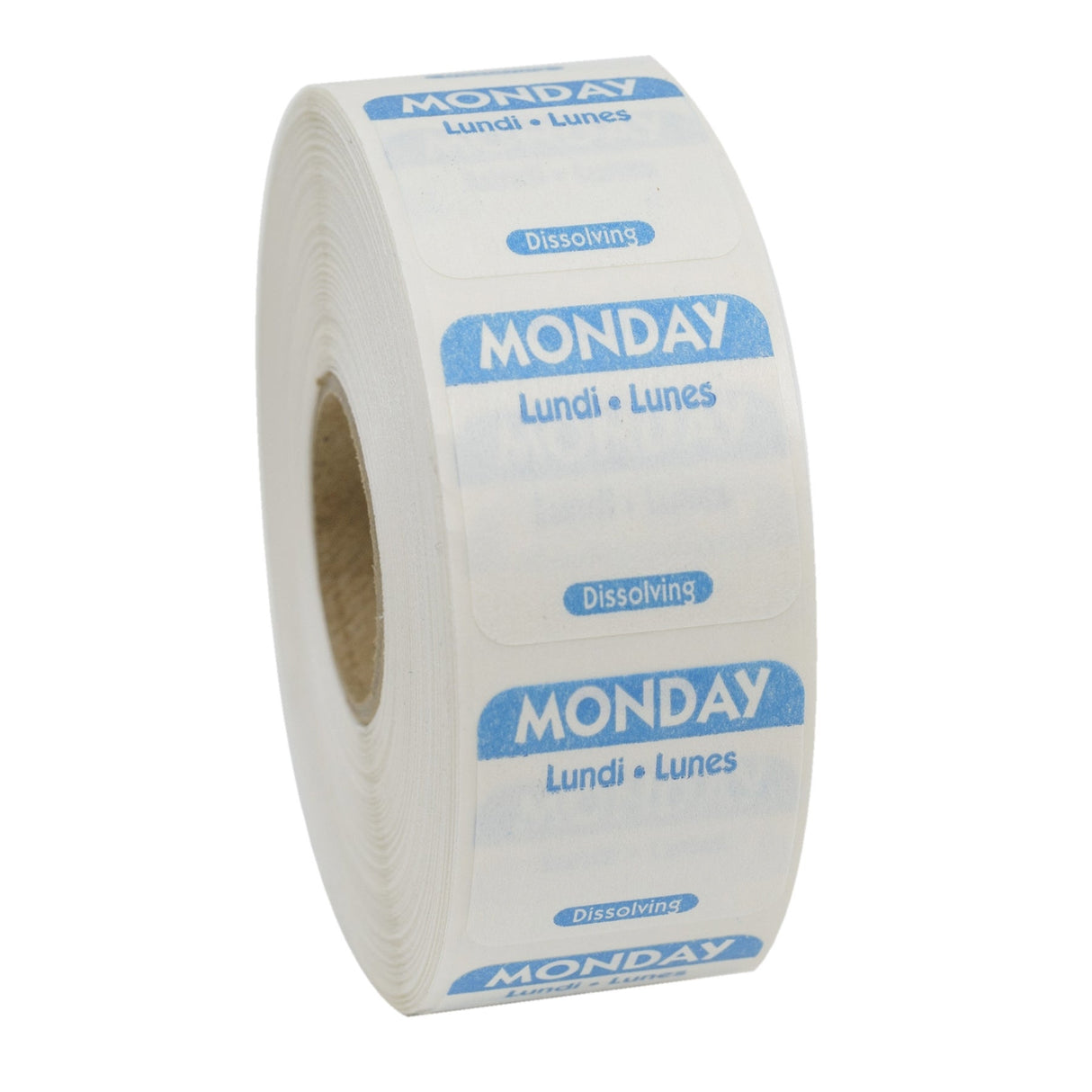 Labels, Monday, 1 x 1 Inch, Dissolvable, Blue & White, Trilingual, Square,1 - 1000 COUNT