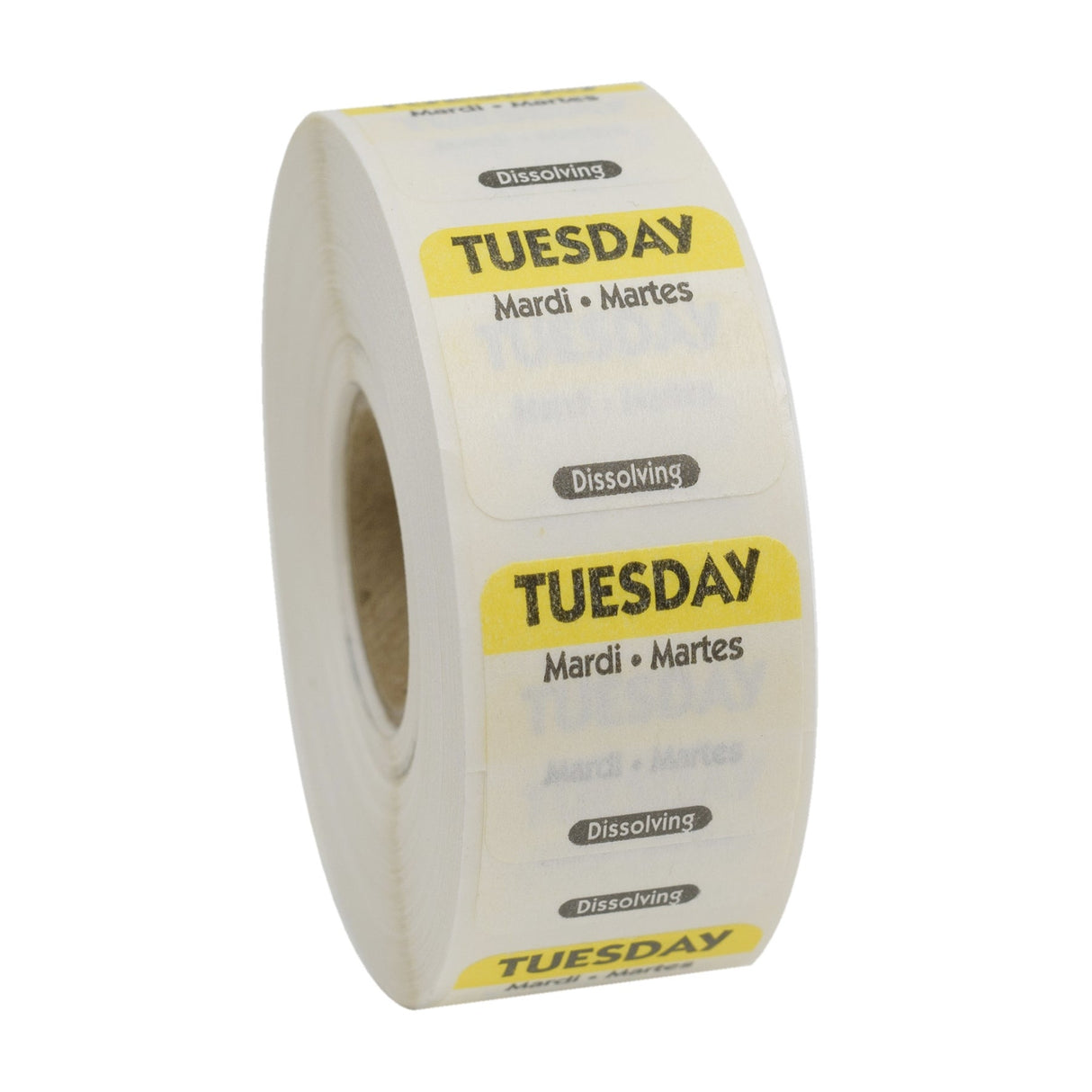 Labels, Tuesday, 1 x 1 Inch, Dissolvable, Yellow & White, Trilingual, Square,1 - 1000 COUNT