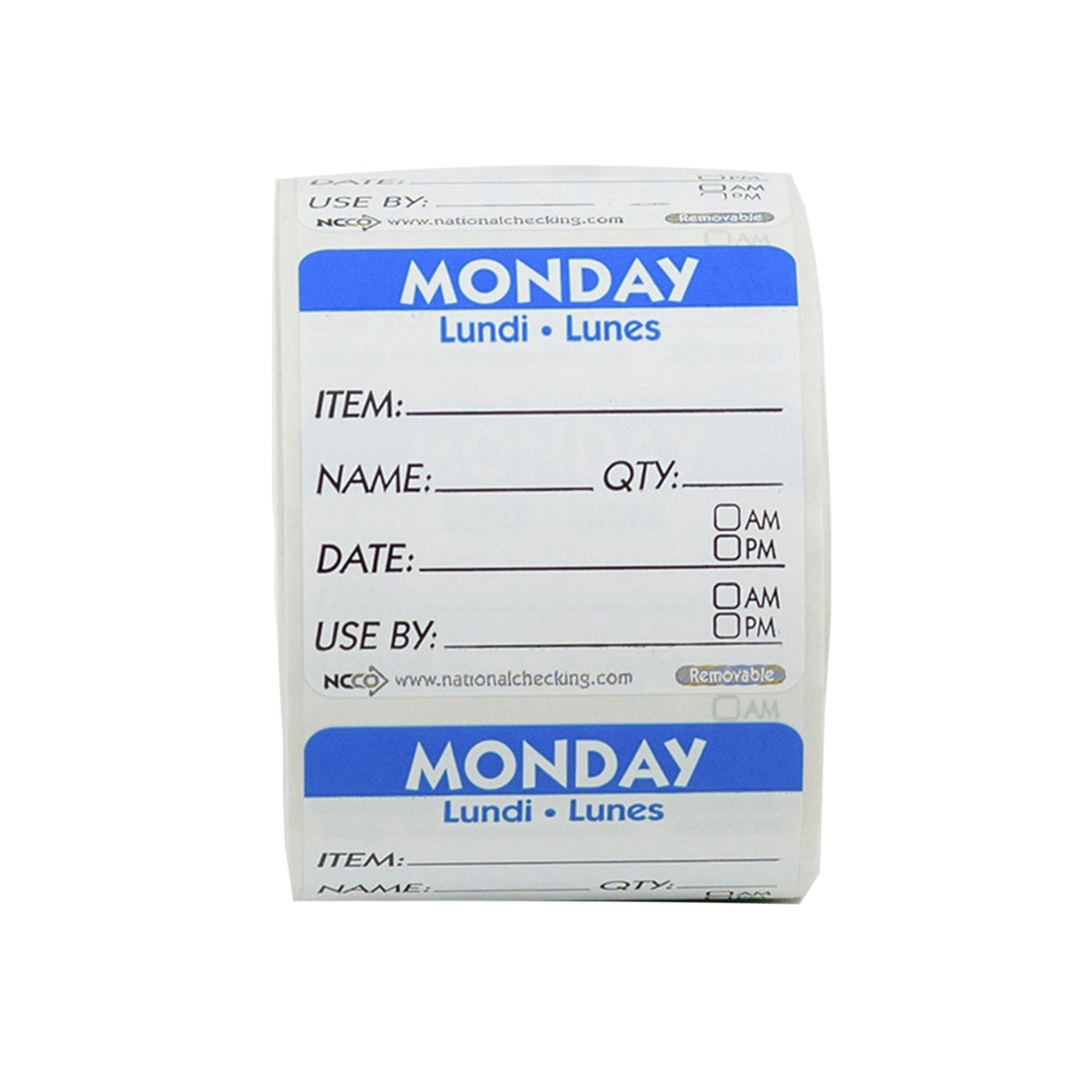 Labels, Monday Item/Date/Use By, 2 x 2 Inch, Removable, Blue, Square, Trilingual,18 - 500 COUNT