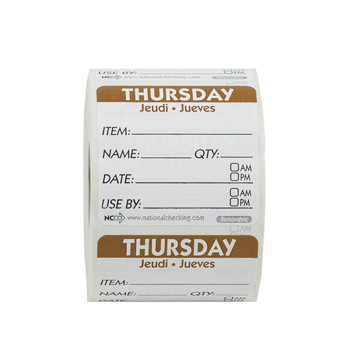 Labels, Thursday Item/Date/Use By, 2 x 2 Inch, Removable, Brown, Square, Trilingual,18 - 500 COUNT