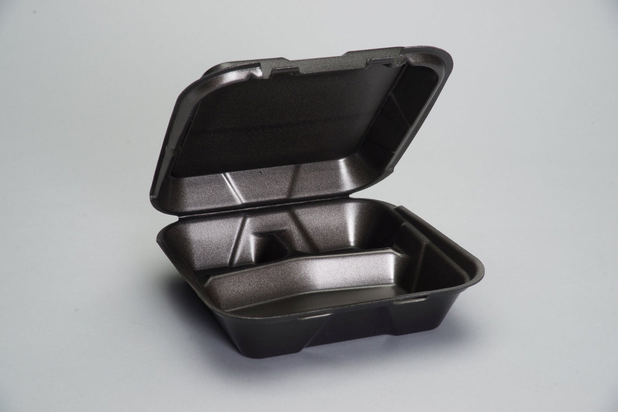 Containers, 3-Compartment, 9 x 9 Inch, Foam, Black, Hinged,2 - 100 COUNT