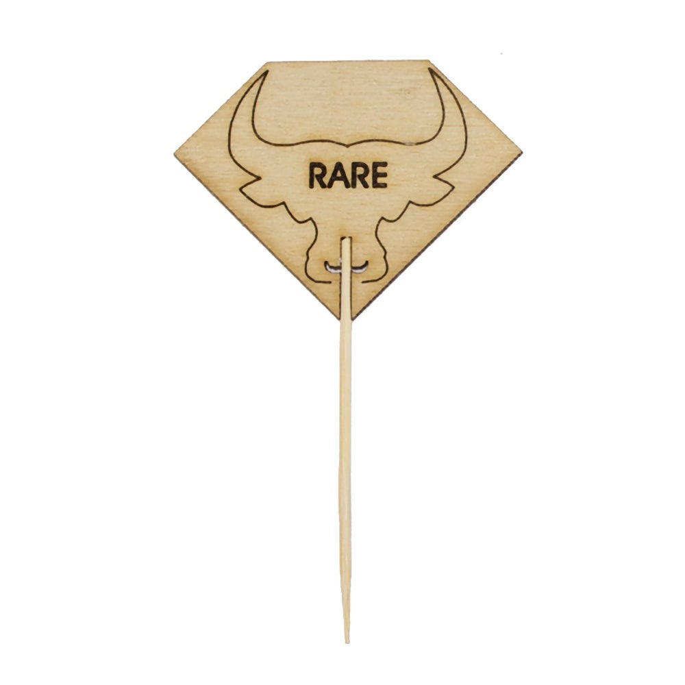 Steak Markers, Rare Diamond Shaped, 3.7 Inch, Bamboo, Natural, with Bull Head, 3.7 Linear Inch,10 - 100 COUNT