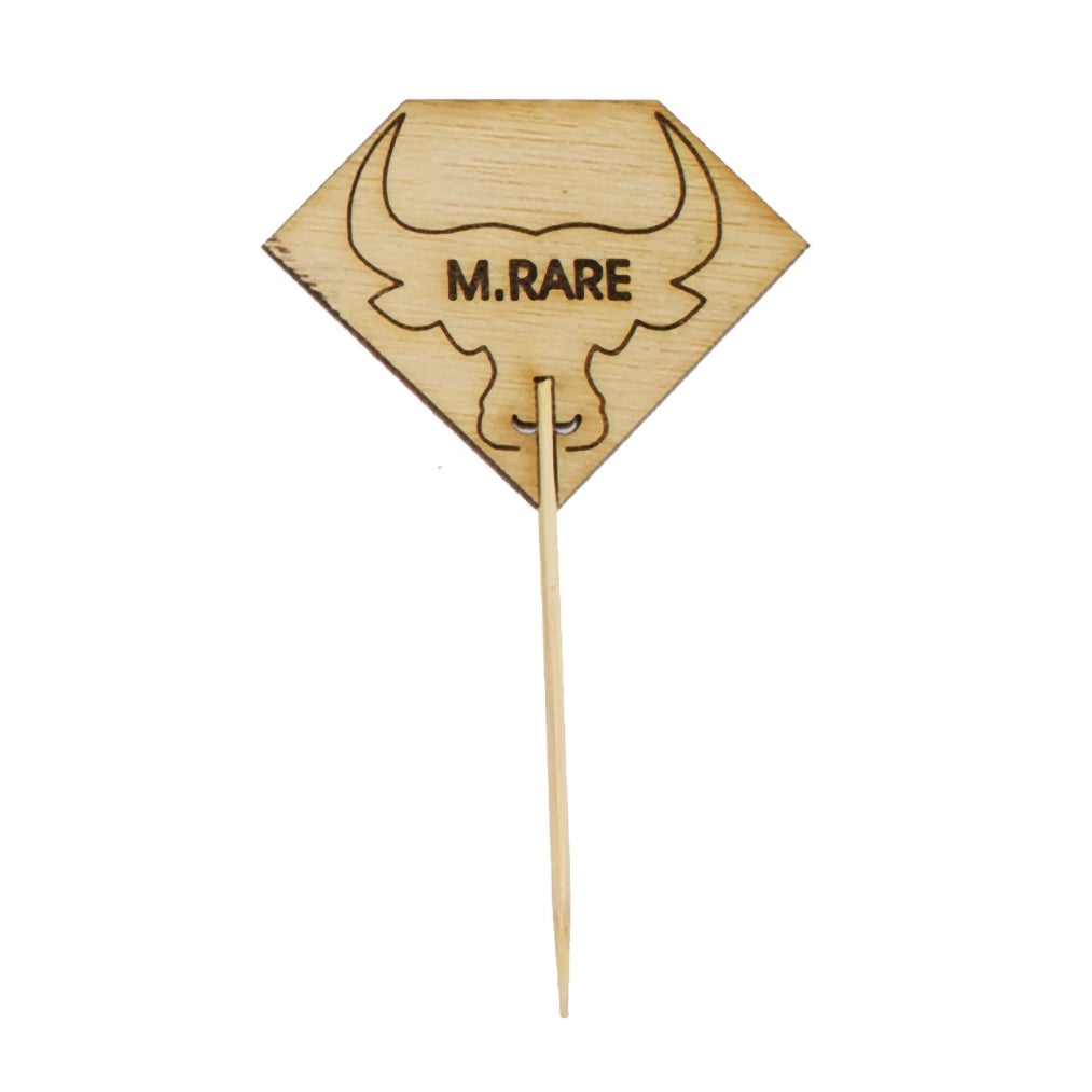 Steak Markers, Medium Rare Diamond Shaped, 3.7 Inch, Bamboo, Natural, with Bull Head, 3.7 Linear Inch,10 - 100 COUNT