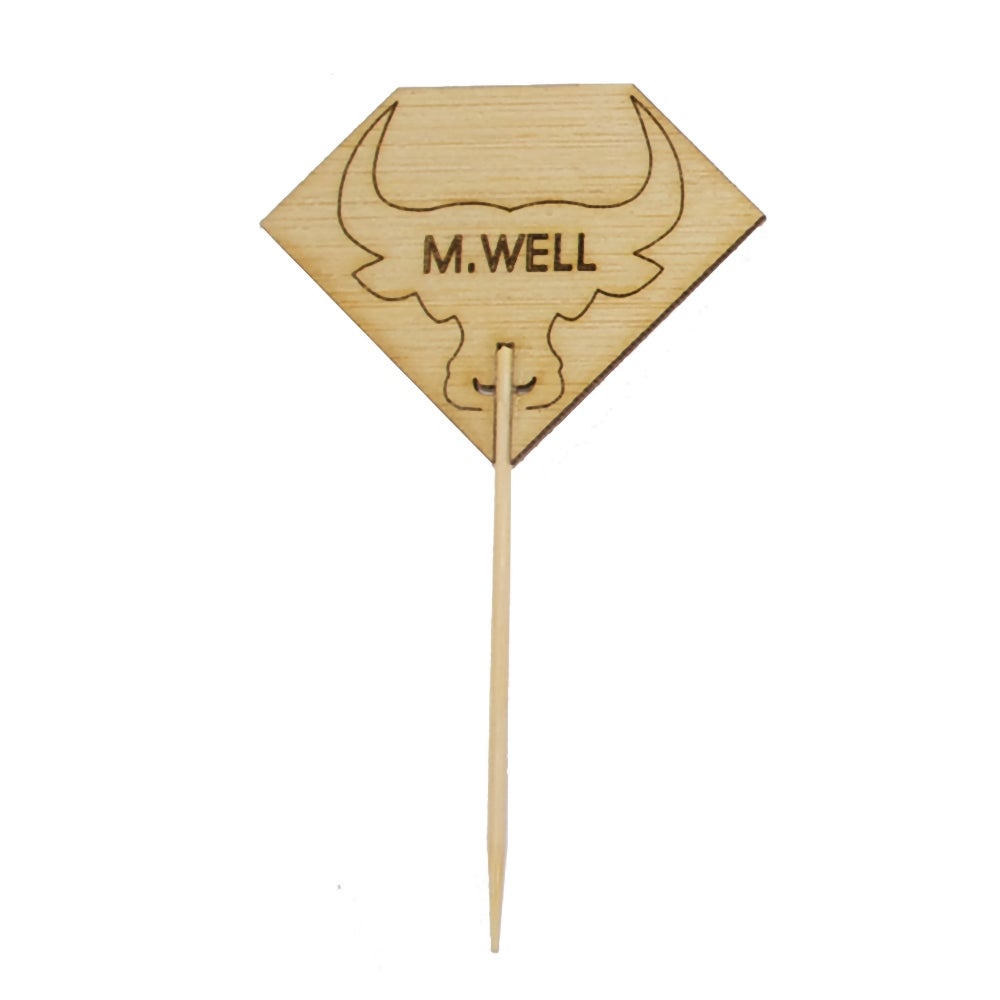 Steak Markers, Medium Well Diamond Shaped, 3.7 Inch, Bamboo, Natural, with Bull Head, 3.7 Linear Inch,10 - 100 COUNT