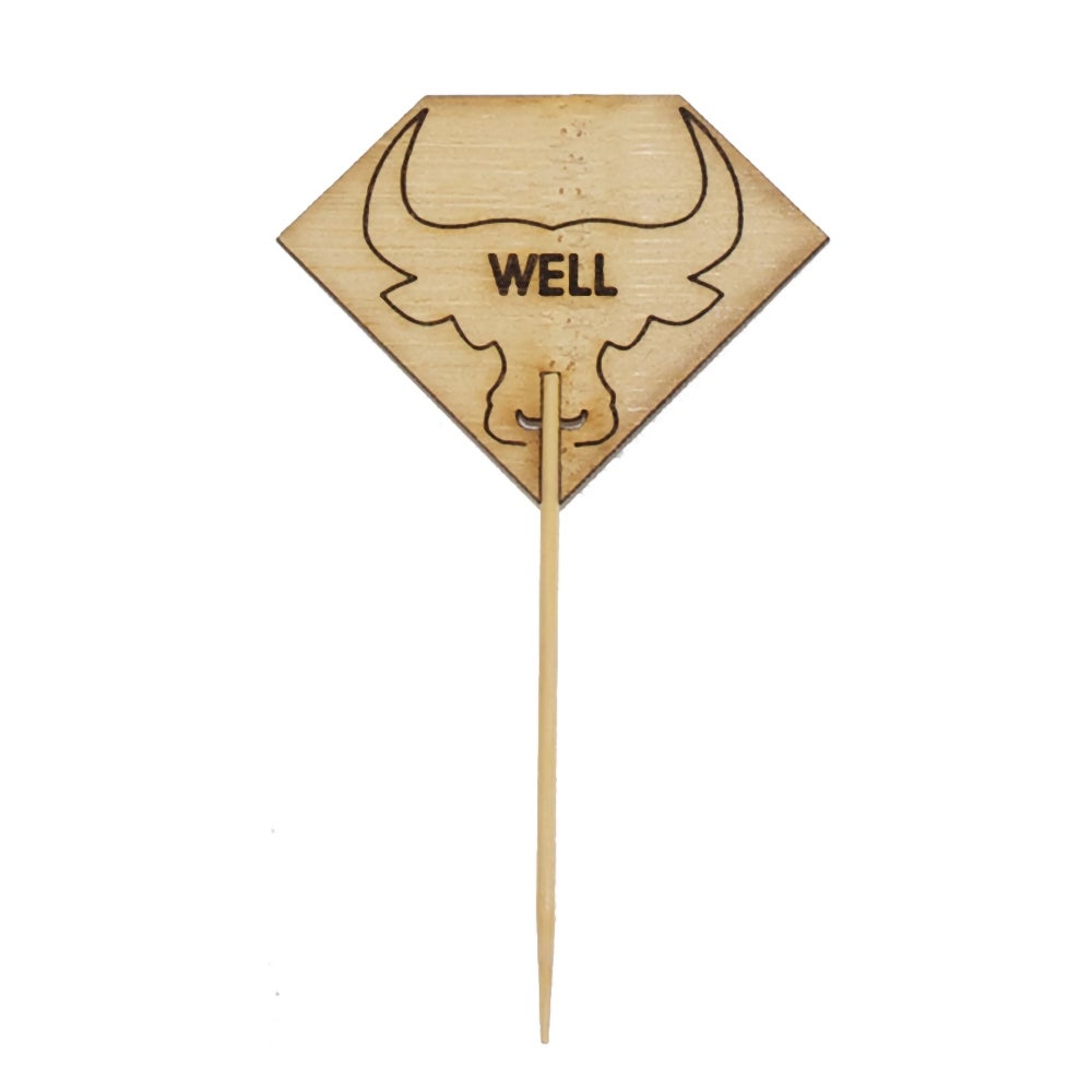 Steak Markers, Well Diamond Shaped, 3.7 Inch, Bamboo, Natural, with Bull Head, 3.7 Linear Inch,10 - 100 COUNT
