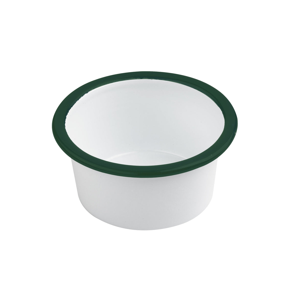Dishes, 4 Ounce, White Enameled, with Green Rim, Saucepan Shape,12 - 1 EACH