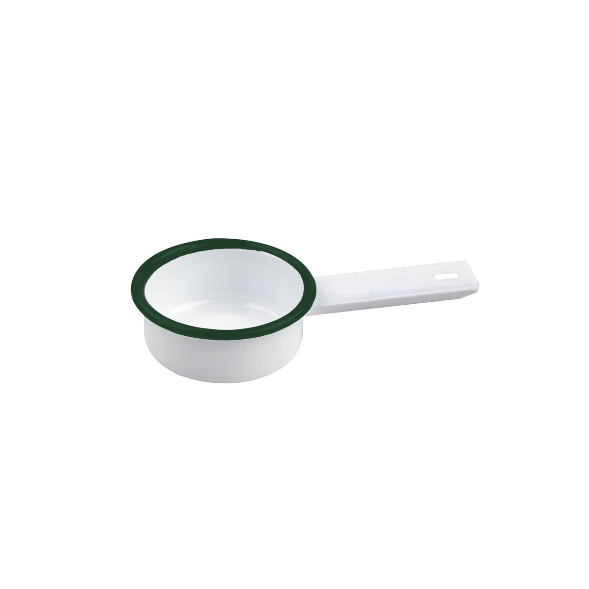 Dishes, 2 Ounce, White Enameled, with Green Rim, Saucepan Shape,12 - 1 EACH