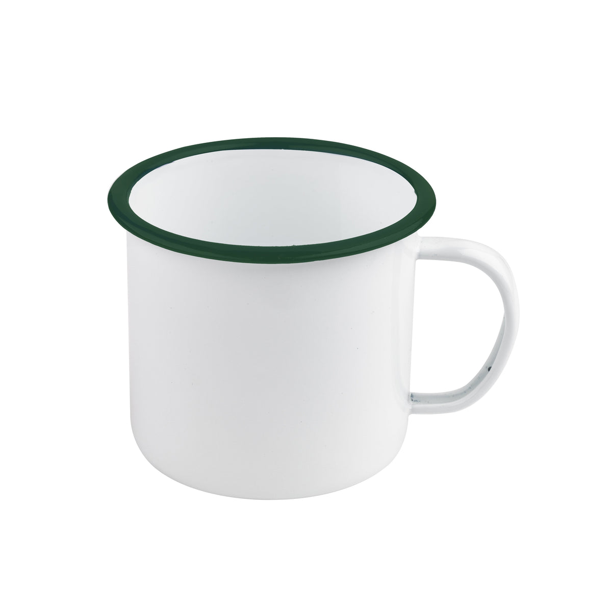 Mugs, Enamel, 25 Ounce, 5.1 x 3.9 Inch, White, with Green Rim, 1 Each,12 - 1 COUNT