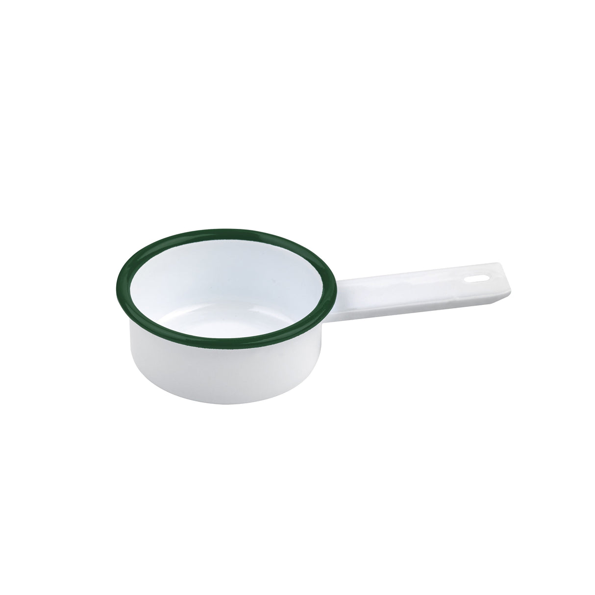 Dishes, 3 Ounce, White Enameled, with Green Rim, Saucepan Shape,12 - 1 EACH
