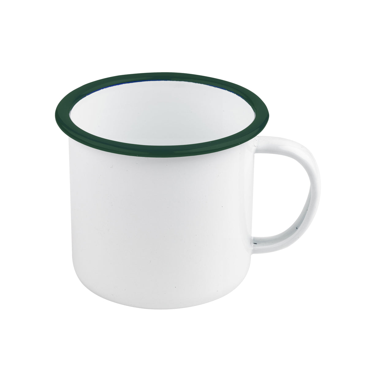 Mugs, Enamel, 12 Ounce, 3.9 x 3 Inch, White, with Green Rim,12 - 1 EACH