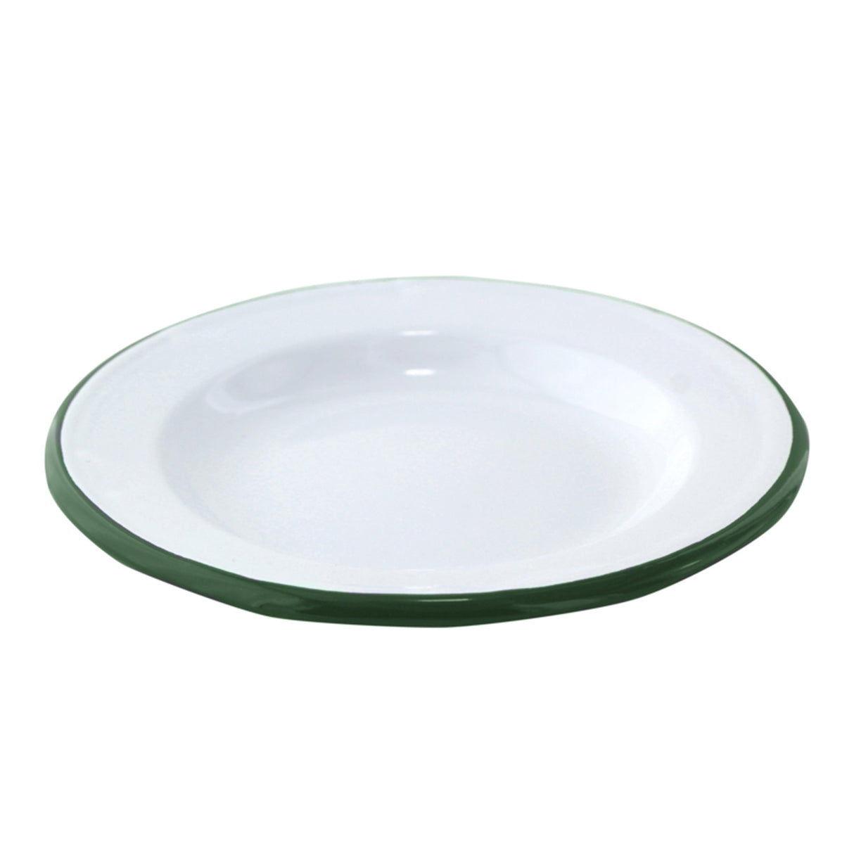 Plates, Enamel, 9.44 x 1.18 Inch, White, with Green Rim,12 - 1 EACH