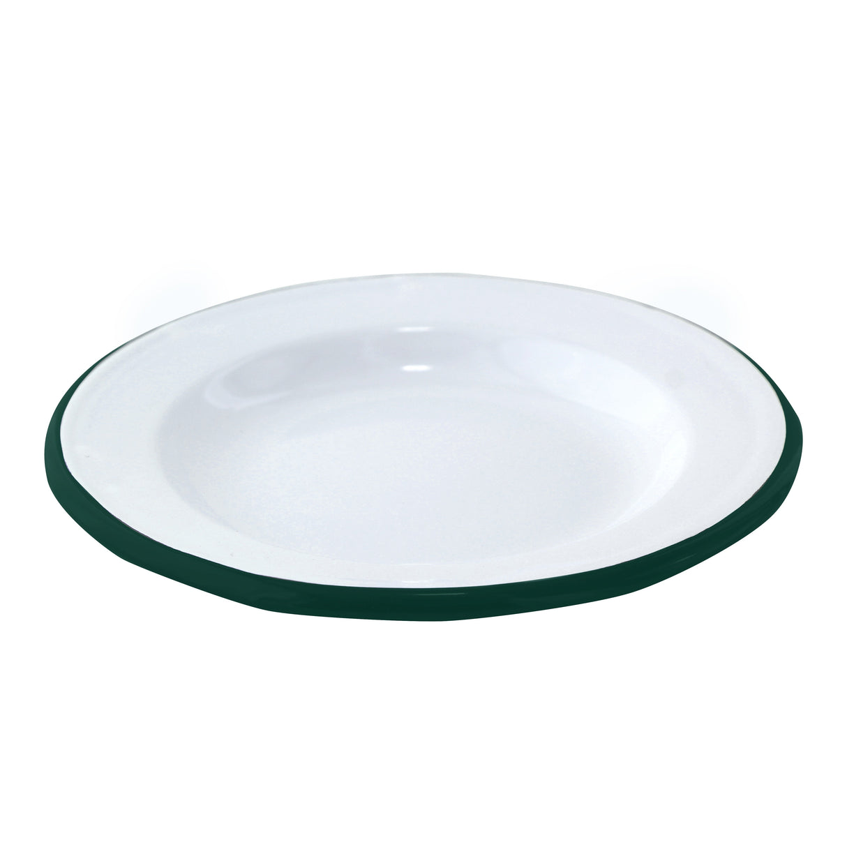 Plates, Enamel, 6.3 x 1 Inch, White, with Green Rim,12 - 1 EACH
