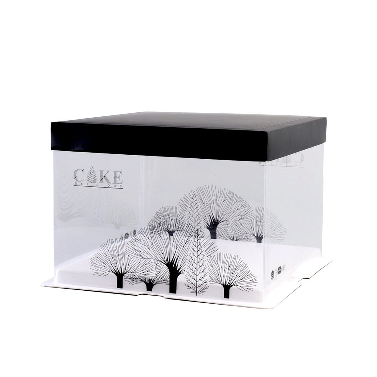 Boxes, Cake, 8.5 x 8.5 x 6.75 Inch, Square, Clear Plastic, White Base, Black Lid, Black Ribbon, Tree Accent,1 - 10 COUNT